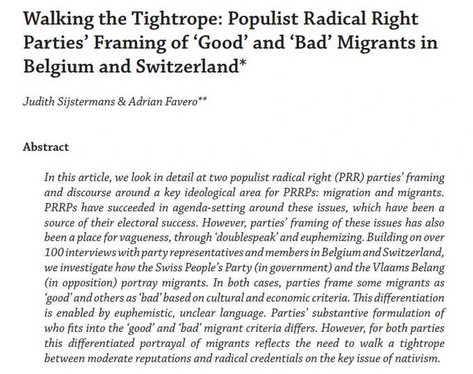 Picture of the abstract of the third article of PLC 22-02. The title is "Walking the Tightrope: Populist Radical Right Parties’ Framing of ‘Good’ and ‘Bad’ Migrants in Belgium and Switzerland". The authors are Sebastián Umpierrez de Reguero en Régis Dandoy. 
