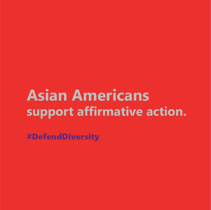 Grey text saying “Asian Americans support affirmative action.” And “#DefendDiversity” in purple text below it. All on a red background.