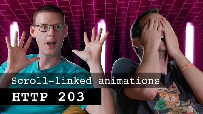 Picture of Jake and Bramus with the text "Scroll-linked animations HTTP 203".