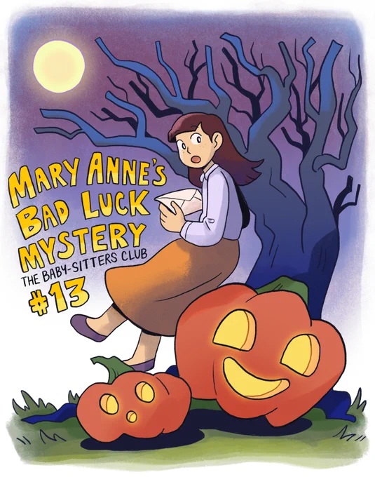 Mary Anne is looking back with an expression of surprise, she holds a letter in her hands and jack-o-lanterns occupy the ground below her. The full moon is in the night sky, and a creepy tree extends its branches into the air. 