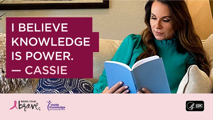 Mid-40's woman sitting on her couch, reading. "I believe knowledge is power." - Cassie