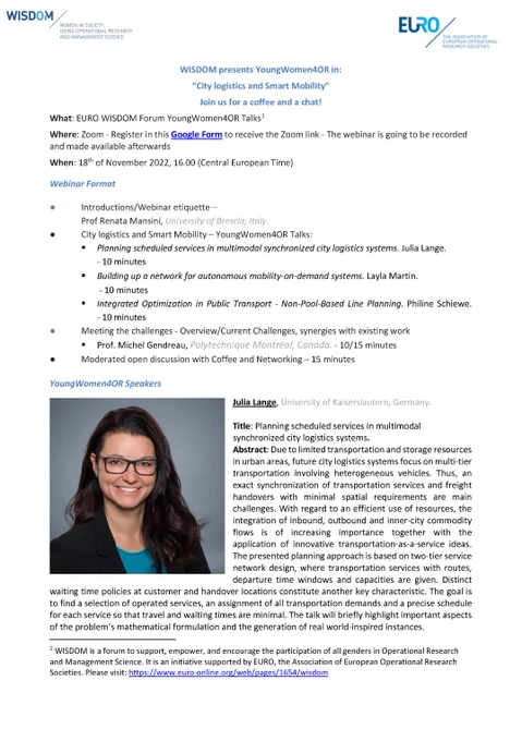 #WISDOM #YW4OR Webinar on #CityLogistics and #SmartMobility on November 18, 4-5pm CET