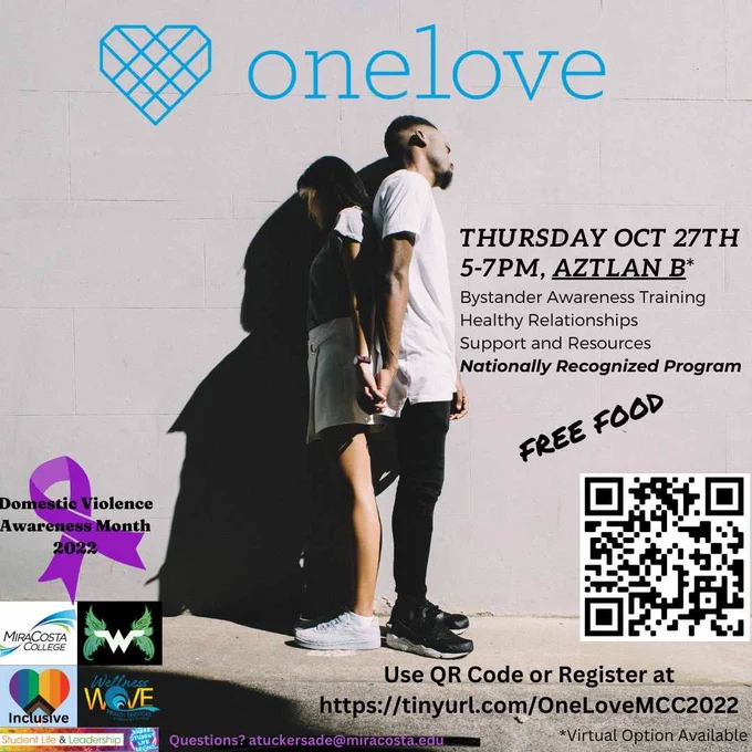 10/27: 5-7PM OneLove   Yeardley Love's Story & Bystander Awareness Training @ Aztlan register https://tinyurl.com/ONELOVEMCC