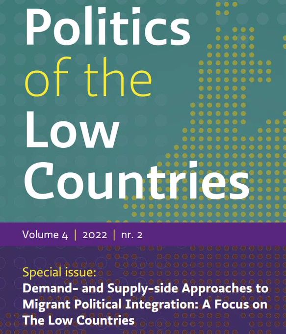 Cover of the second issue of Politics of the Low Countries. The background is an abstract map of the countries in green, the writing is in white and yellow, the issue details and title are on a purple bar at the bottom