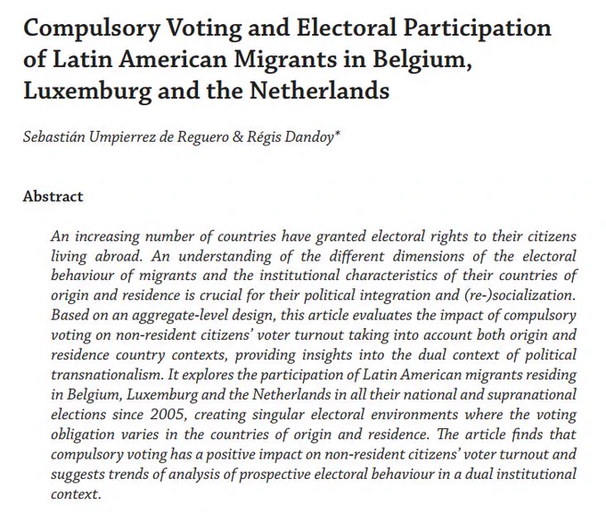 Picture of the abstract of the first article of PLC 22-02. The title is "Compulsory Voting and Electoral Participation of Latin American Migrants in Belgium, Luxemburg and the Netherlands". The authors are Sebastián Umpierrez de Reguero en Régis Dandoy. 