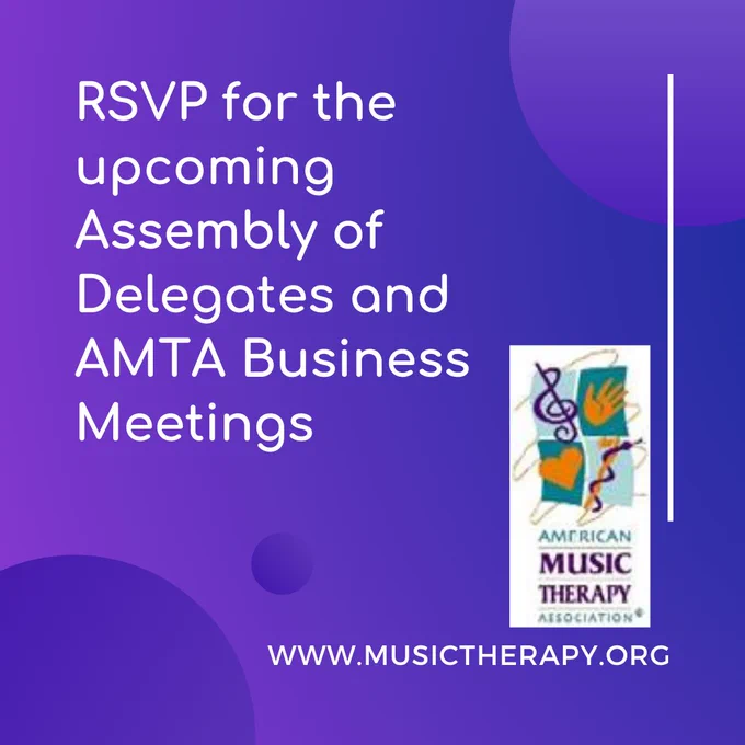 Text in white lettering reads: RSVP for the upcoming Assembly of Delegates and AMTA Business Meetings. On a purple background with AMTA Logo in the lower right corner.