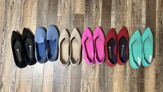 Six pairs of Rothy’s shoes in different colors and styles