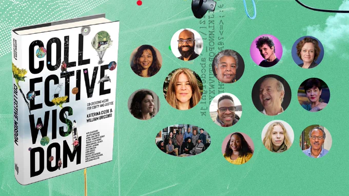 A photo of the Collective Wisdom book and headshots of all of the authors in small circular bubbles on the right. All on top of a green patterned background from the book.