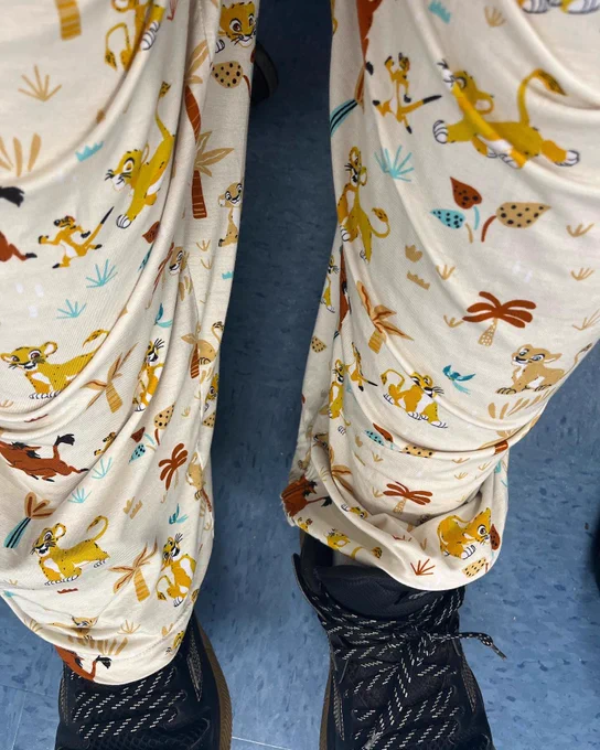Mr. Shore’s pajama pants with Timon, Pumba, and Simba.