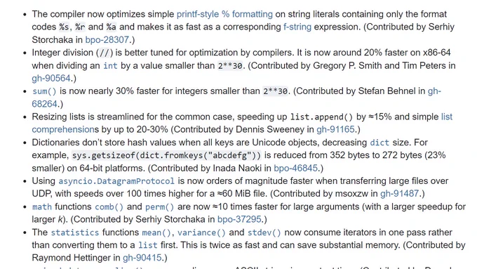 Liste de plusieurs optimisations, disponible ici : https://docs.python.org/3.11/whatsnew/3.11.html#optimizations
