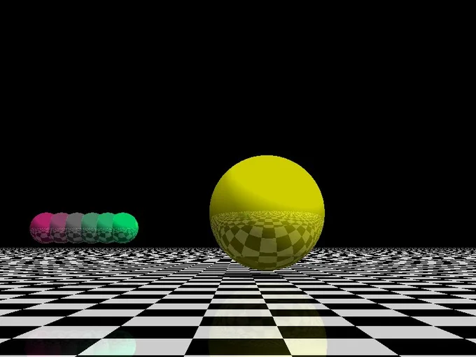 Photo d'une boule jaune sur un échiquier avec des reflets visibles, image de synthèse