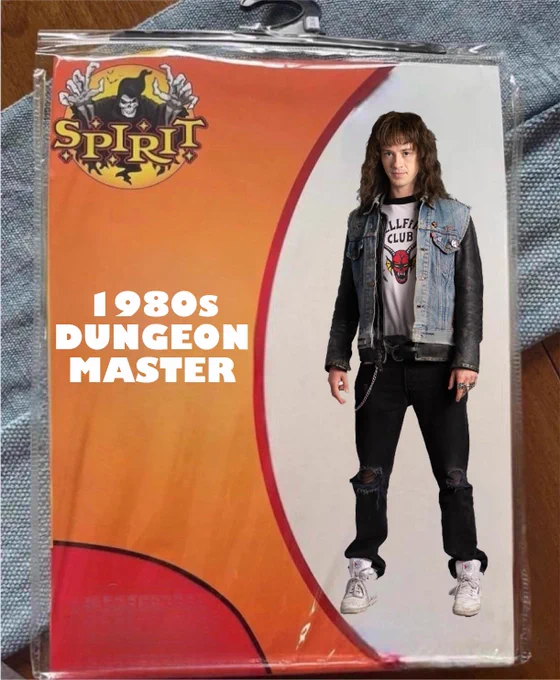 A packaged Halloween costume labeled "1980s Dungeon Master" with Eddie Munson from Stranger Things on it.