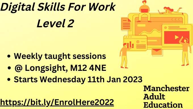 Digital Skills for Work. Level  2. Weekly taught sessions at Longsight, M12 4NE. Starts Wednesday 11th Jan 2023. The text is next to a cartoon of different people using computers. 