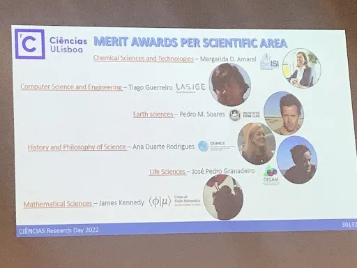 slide with names and photos of the 6 winners, one per area (CSE, Earth, History and Philosophy, Life, and Mathematical Sciences)