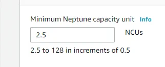 AWS Console screen snippet showing Minimum Neptune Capacity Unit (NCU) starting from 2.5 and going upto 128