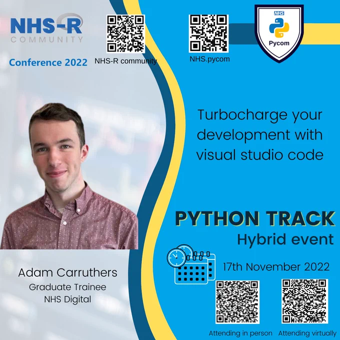 Poster with Adam Carruther's profile, topic of discussion and QR codes for signing up to event in person and online.
