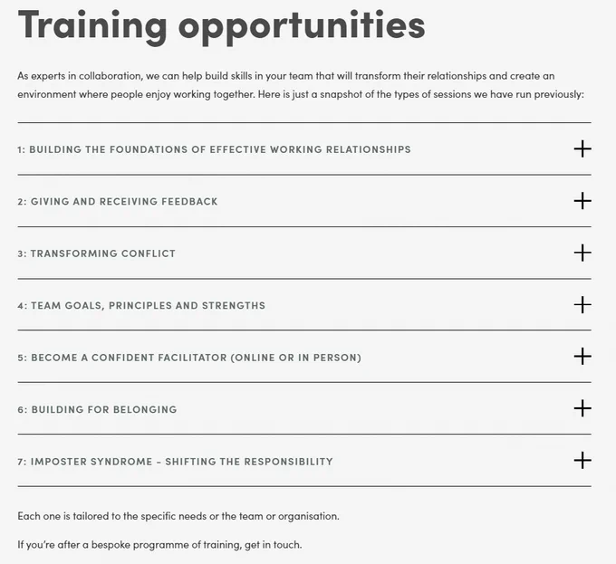 Screengrab of a website with training opportunities as the heading and a list of workshops below