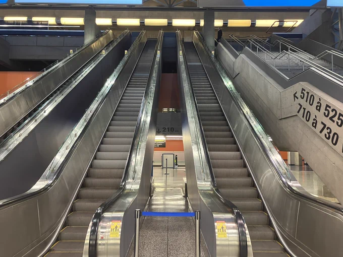 Escalator at Palais de Congres, leading up to the conference space.