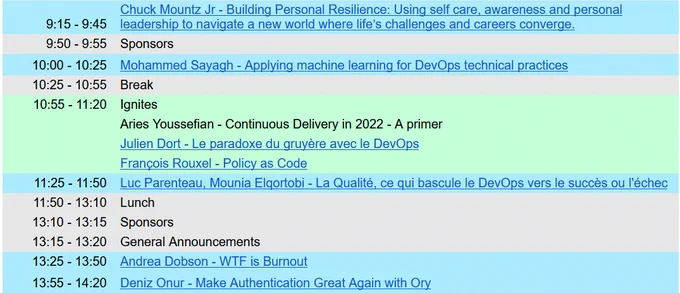 Speaker list for October 27, featuring Chuck Mountz Jr, Mohammed Sayagh, Luc Parenteau, Mounia Elqortobi, Andrea Dobson, and Deniz Onur, with ignites by Aries Youssefian, Julien dort, and François Rouxel.