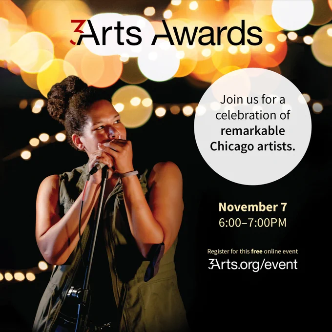 Image of Bethany Thomas singing. Lights create a polka dot background behind her. Text reads “Join us for a celebration of remarkable Chicago artists.”