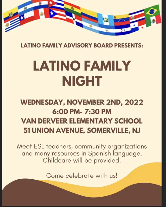 This image contains information about Latino Family Night on Wednesday November 2nd 2022 at 6PM.