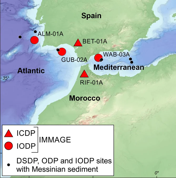 Map showing Spain, Morocco, the Atlantic and Mediterranean with the three IODP sites offshore Portugal, in the Gulf of Cadiz and in the Alborán Sea. The map also shows the two onshore drilling locations in southern Spain and northern Morocco.