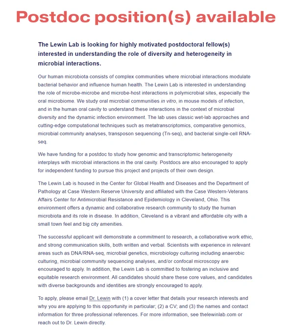 Picture of job description, available at https://www.thelewinlab.com/postdoc