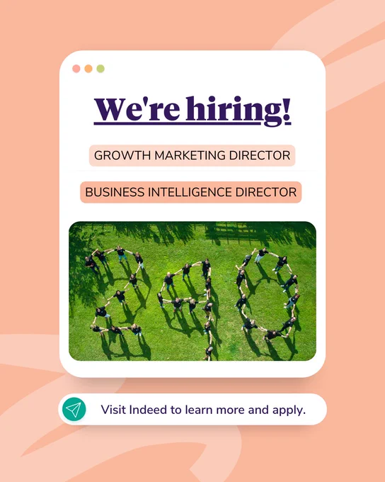 We're hiring! Growth Marketing Director. Business Intelligence Director. An image of our team standing in a formation of the numbers 2, 4, and 0. Visit Indeed to learn more and apply.