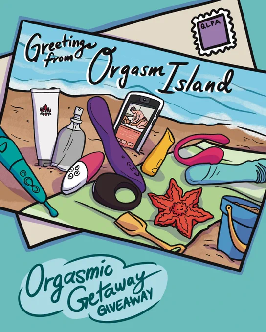 An illustration of a postcard that reads "Greetings from Orgasm Island," with sex toys wedged into the sand on a beach.