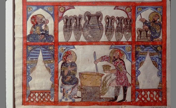 manuscript illumination of a pharmacist preparing a medicine