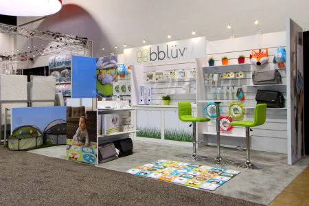 Custom Modular Reconfigurable Trade Show Display crafted with lightweight Xylea-Wood Slatwall Panels for bbluv