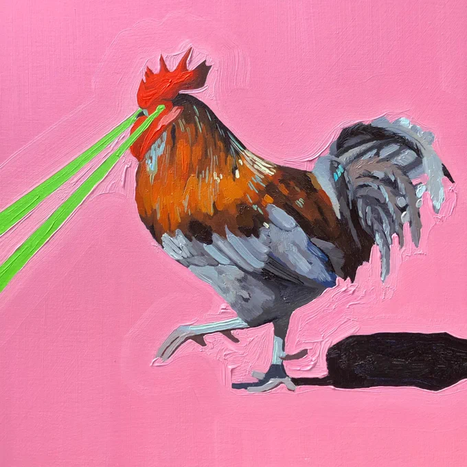 Oil painting of a killer chicken with laser beam eyes
