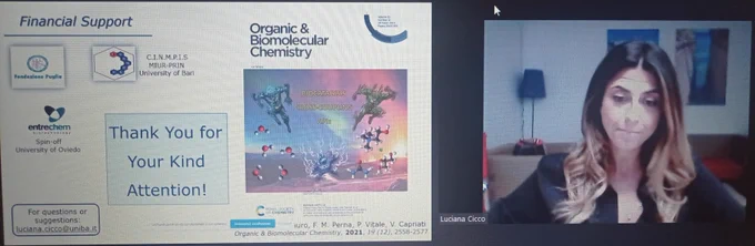 Dr. Luciana Cicco (PhD) Oral Communication
26 Oct 2022
https://scivisyochem2022.weebly.com/

"Recent Advances in Copper-Catalyzed Aerobic Oxidation of Alcohols in Low Melting Mixtures (LMMs) and in Water"

https://chemistry-europe.onlinelibrary.wiley.com/doi/full/10.1002/open.202200160