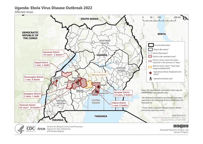 Kaart van ebola gevallen, bron https://www.cdc.gov/vhf/ebola/outbreaks/uganda/2022-sep.html