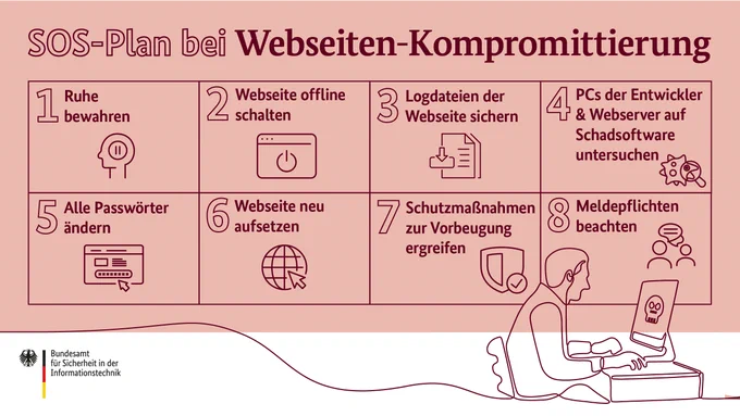 SOS-Plan bei Webseiten-Kompromittierung
1. Ruhe bewahren
2. Webseite offline schalten
3. Logdateien der Webseite sichern
4. PCs der Entwickler & Webserver auf Schadsoftware untersuchen
5. Alle Passwörter ändern
6. Webseite neu aufsetzen
7. Schutzmaßnahmen zur Vorbeugung ergreifen
8. Meldepflichten beachten