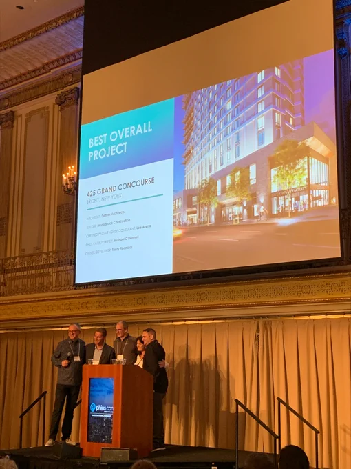 The 425 Grand Concourse project team on stage at the 2022 Phius Passive Projects Design Competition awards ceremony.