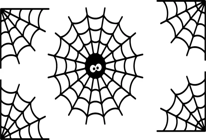 Five black spider webs are shown on a white rectangular background. Four are in each corner and a larger spider web is in the middle. A spider blends in the middle.