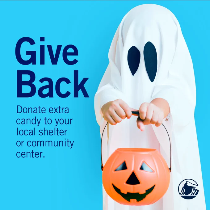 Child in ghost costume. Give back. Doante extra candy to your local shelter or community center. 
