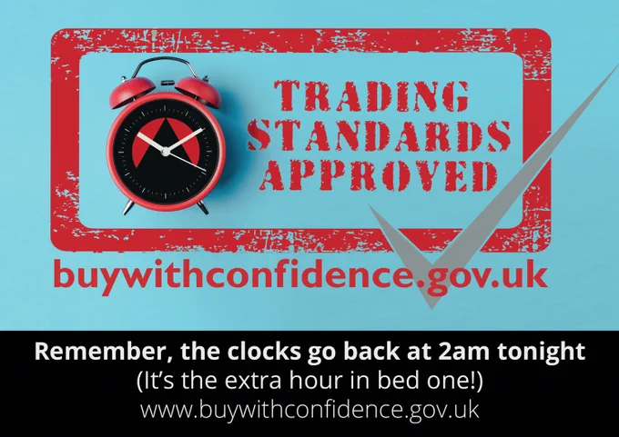 Buy With Confidence - Trading Standards Approved logo with clock replacing the round part which normally reads 'Buy With Confidence'