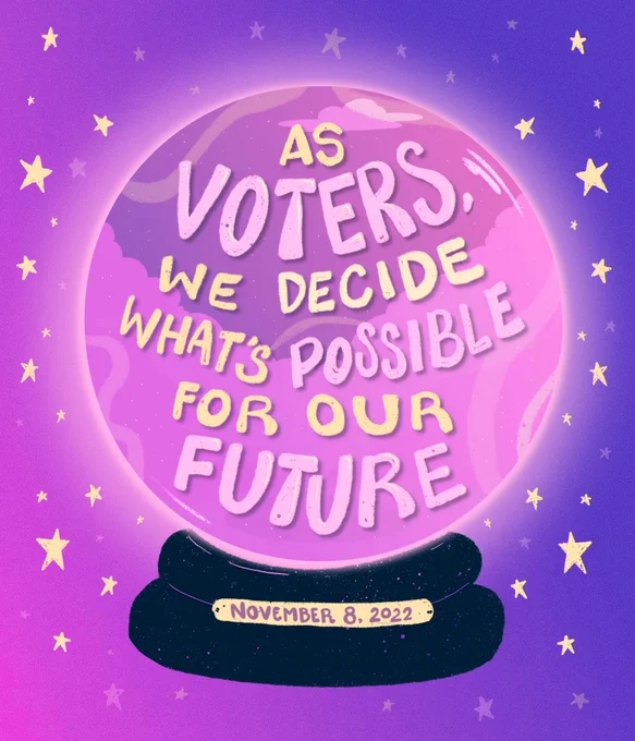 A crystal ball with the phrase "As voters, we decide what's possible for our future" floating inside. The base of the crystal ball says "November 8, 2022."