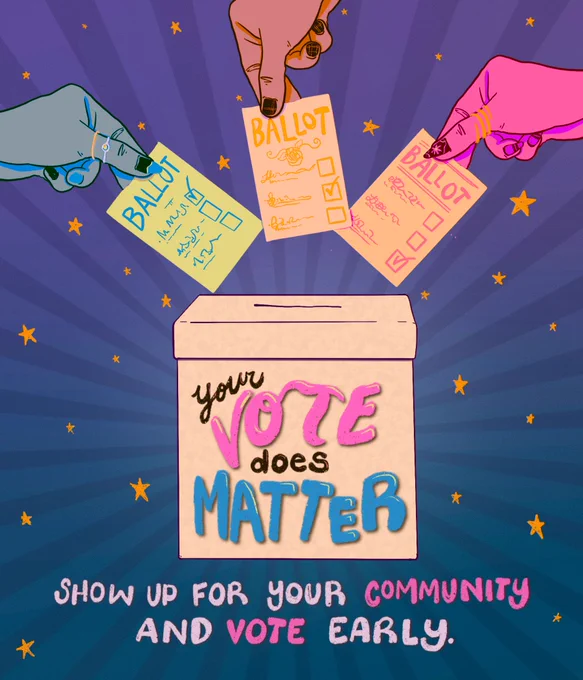 Hands inserting ballots into a ballot box, which says "Your vote does matter." Underneath the ballot box is the phrase "Show up for your community and vote early."