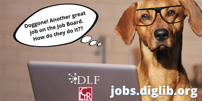 Short-haired tan dog with floppy ears and black glasses looks quizzically over the top of a silver laptop. Thought bubble: Doggone! Another great job on the job board. How do they do it?"