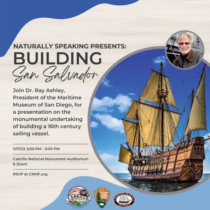  Flyer that states “Naturally Speaking Presents: Building San Salvador” next to a picture of a 16th century sailing vessel and a headshot of a person wearing a brown leather jacket and dark sunglasses with white hair and beard.