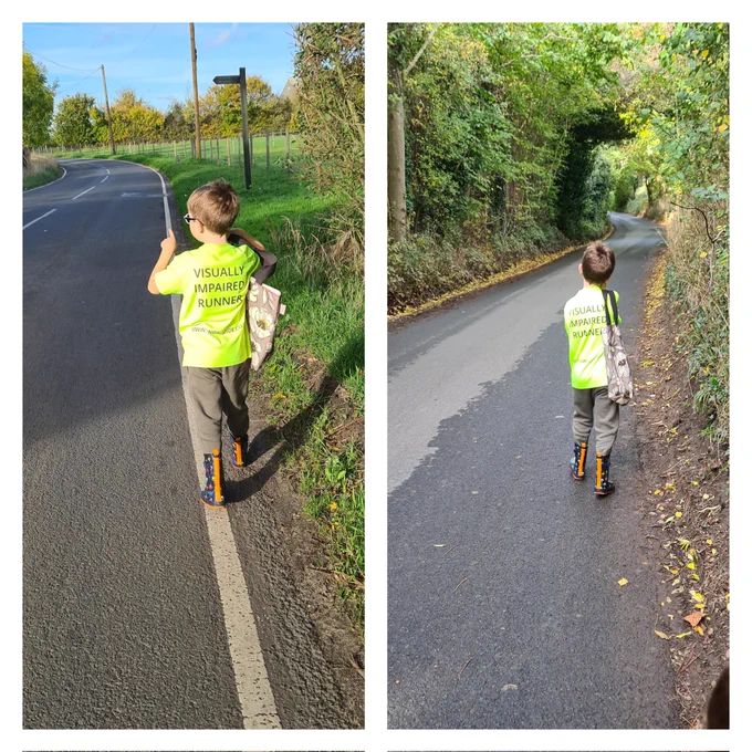 Two pictures of a child walking along a country road with no pavement. One picture has a white line along the edge of the road the other doesn't. 