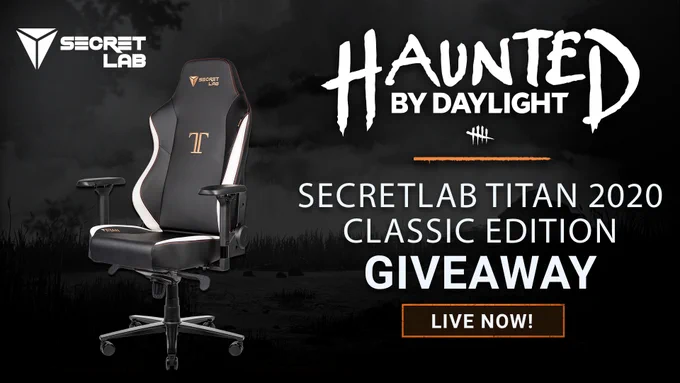 A Secretlab TITAN 2020 Classic Edition gaming chair. The text reads "Secretlab Titan 2020 Classic Edition Giveaway Live Now!" 