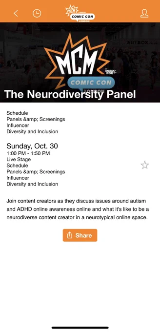 A screen grab of the panel schedule from the comic con app.

Text: Join content creators as they discuss issues around Autism and ADHD online awareness and what it’s like to be a neurodiverse content creator in a neurotypical online space