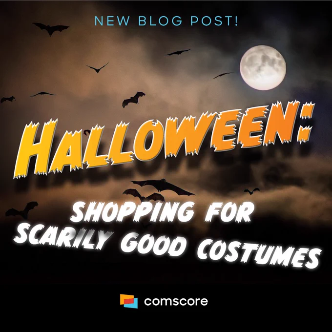 On a background of a full moon with fog and a group of bats flying, there is text reading "New Blog Post! Halloween: Shopping for Scarily Good Costumes." The Comscore logo is shown at the bottom of the image.