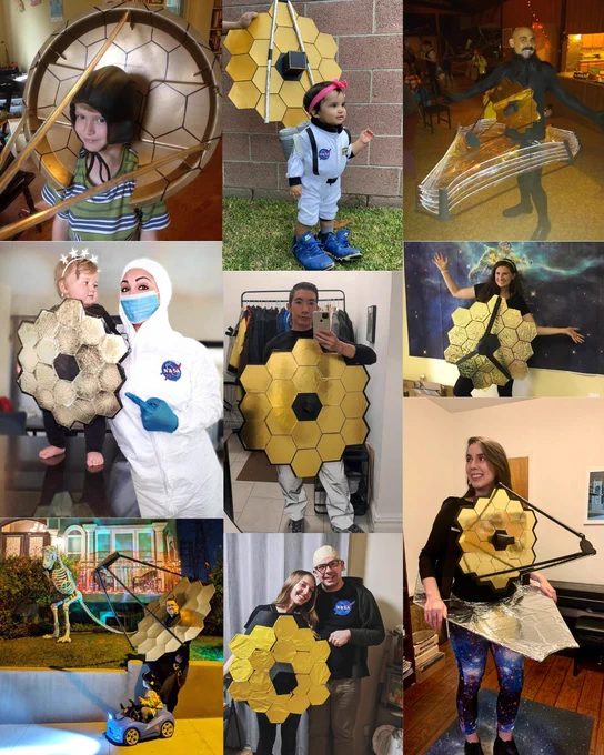 Collage of 9 Webb costumes. Top row, left to right: Young boy in a striped green shirt has a Webb mirror headpiece with long struts sticking out. Toddler in an astronaut suit, pink bow, & too-big blue shoes has a Webb mirror cutout over her head. Bald man with dark facial hair has the Webb spacecraft sticking out of his torso, including the mirrors and 5-layer sunshield. Second row, left to right: Toddler in star headband & Webb mirror costume next to woman in NASA cleanroom suit. Man with a Webb mirror on his torso. Woman poses with a space backdrop in a Webb mirror costume. Last row, left to right: Dad with the Webb mirror around his shoulders & struts extending beyond his head. Below him is a toddler in a blue toy car. Behind them is a "dinosaur" skeleton display. Next, a woman wearing a paper-mache Webb mirror around her torso and a man in a black NASA shirt and bald cap. Last, a woman with the Webb mirror in front of her torso, silver foil sunshield "skirt,” & galaxy leggings.