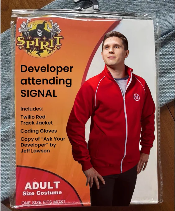Developer Halloween costume featuring a developer wearing a Twilio red track jacket.