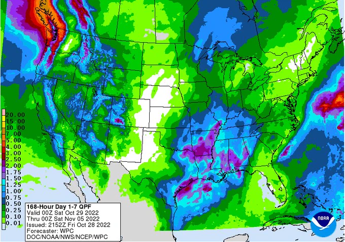 Day 1-7 QPC from the Weather Prediction Center. Preliminary forecast of widespread moderate rainfall across Southern California, with the potential for amounts greater than 0.5 inch from the mountains to the coast, and lesser amounts in the deserts. Some areas will see the potential for accumulations over 1 inch.
Much of the United States will see precipitation over the next week, with several areas of heavy rain: the Pacific Northwest and the Deep South.